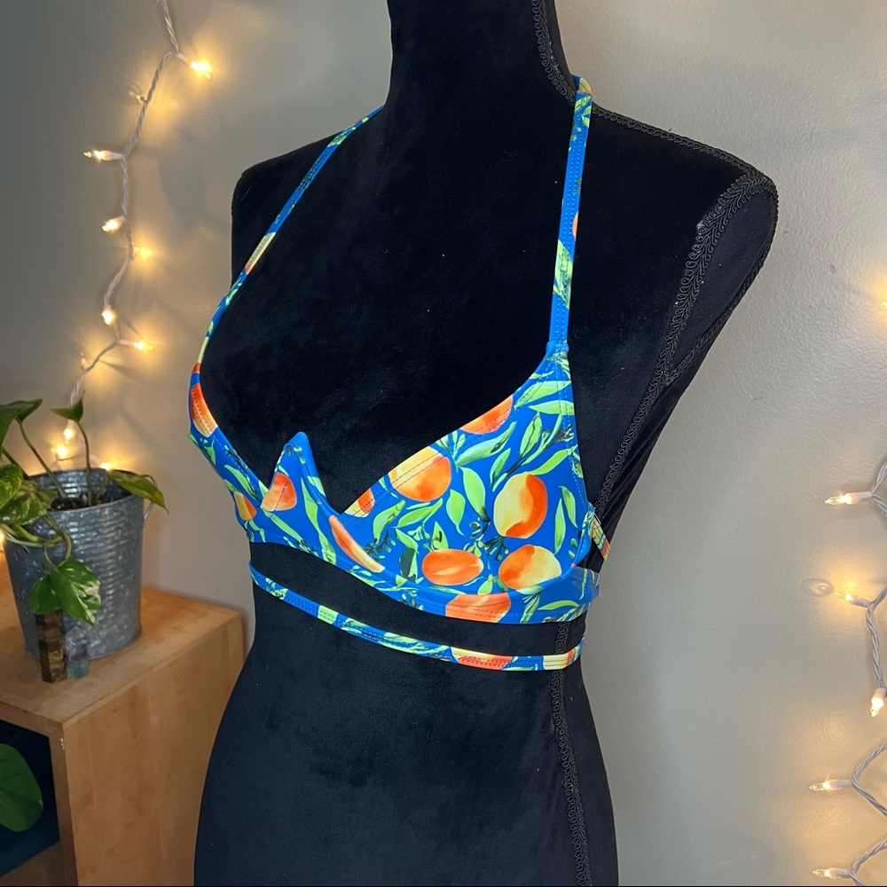 Nasty Gal Fruit Print High Underwire Cutout Blue Bikini Top